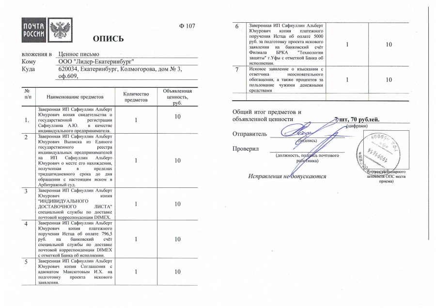 Опись вложений образец